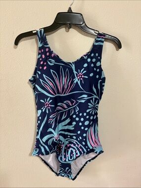 NEW Century Star Navy Blue Floral Printed Criss Cross Back One Piece Swimsuit M